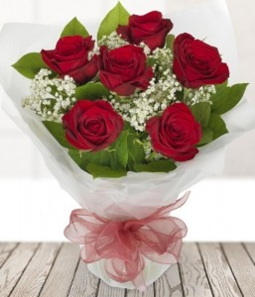 6 Red Roses with Gypsophila | Rosa Florist